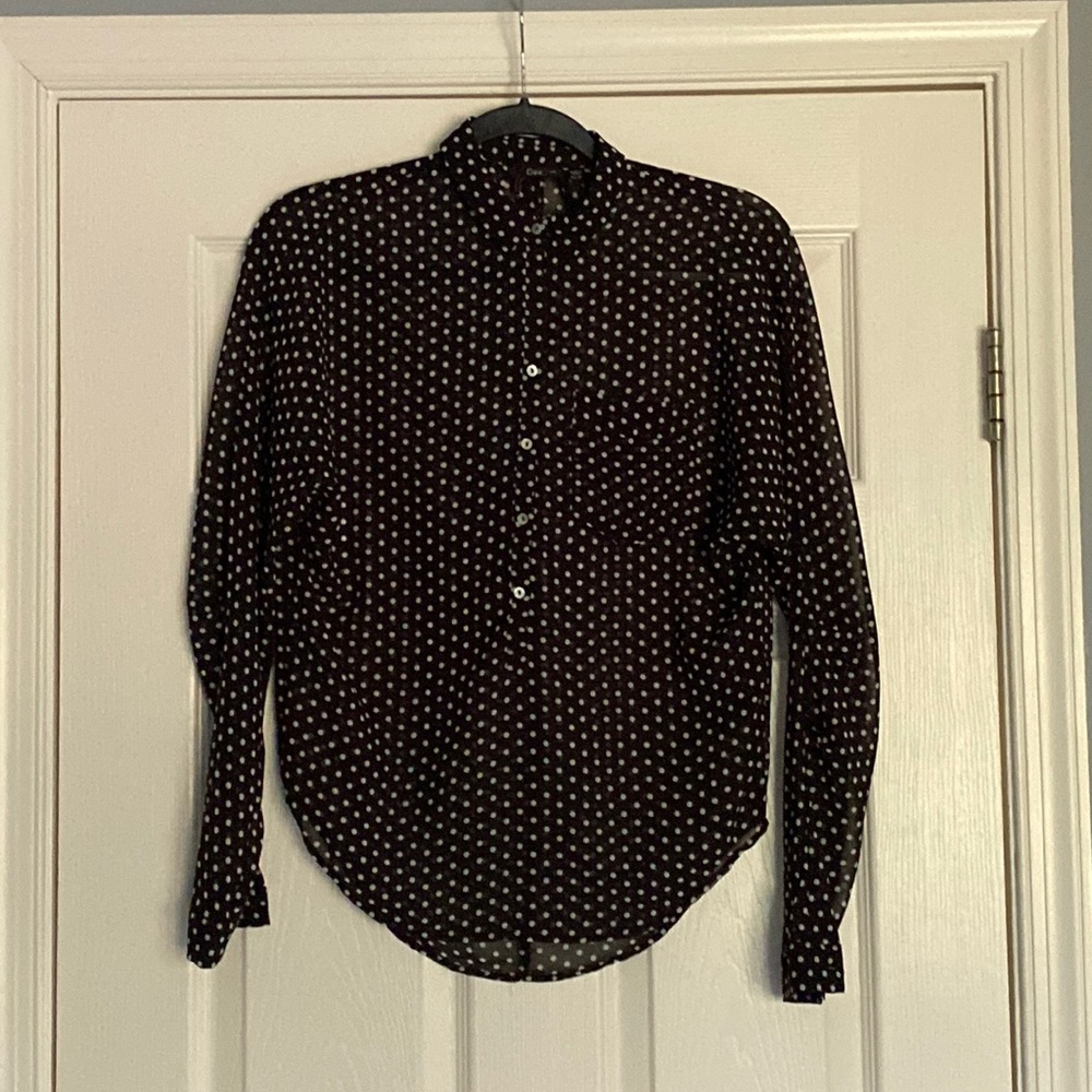 Dex Black & White Sheer Polka Dot Six Button Top Size X-Small